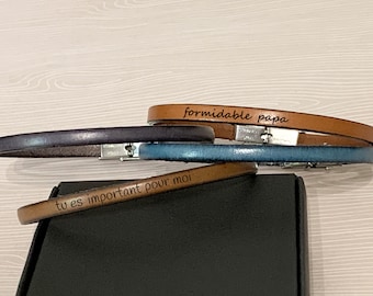Personalized bracelet engraved on leather engraving GPS coordinates, gift jewelry with date name customizable dad husband
