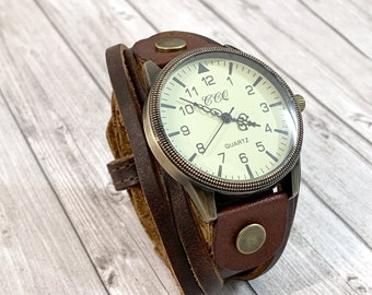 Wide cuff bracelet watch unisex brown leather rustic style and dial large, zen and relaxed