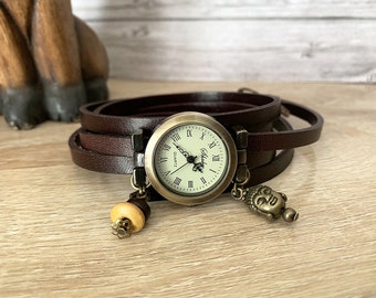 Women's watch bronze dial leather strap to wrap, brown and black leather Buddha charm, unique gift for her