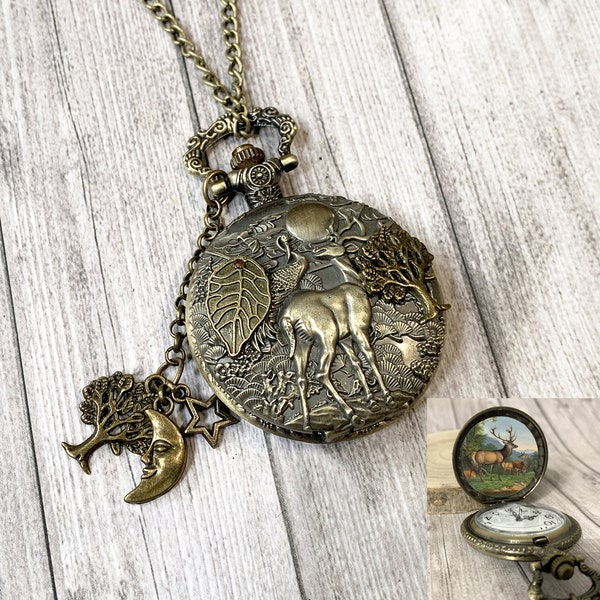 Montre à gousset collier forêt cerf, cadeau femme amoureuse forêt nature à personnaliser