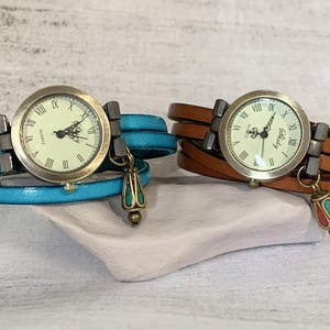 Women's watch bronze dial customizable leather superimposed bracelet engraving and ethnic pearl, ethnic jewelry gift for her personalized