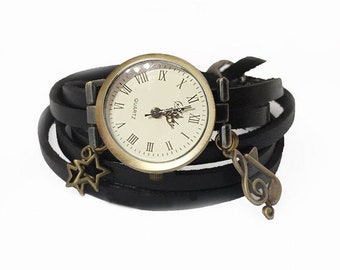 Solfège musical note watch, black leather women's bracelet, bronze star charms