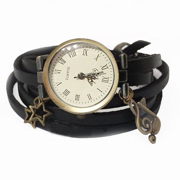 Bracelet montre musique femme esprit vintage cuir et breloques, cadeau femme musicienne