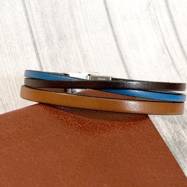 Bracelet triple cuir croisés couleurs mixtes à personnaliser de gravures pour Femmes Hommes Couple