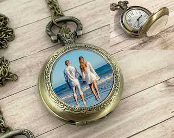 personalized pocket watch necklace, pocket watch, customizable photo, unique gift for her
