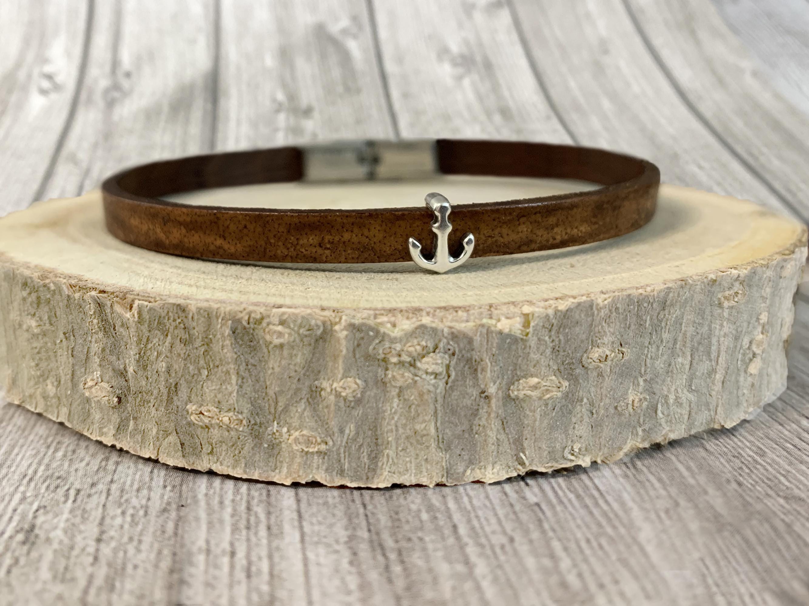 Men's leather jewelry bracelet with marine anchor charm to personalize with engraving and choice of color, sea ocean nautical boat gift