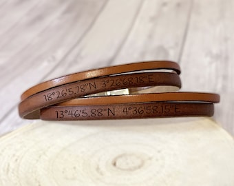 Customizable leather jewelry couple gift bracelets with GPS coordinates, leather wedding, wedding anniversary, couple Christmas gifts