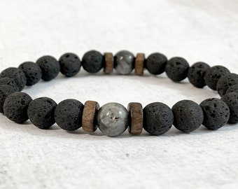 Natural bracelet in black lava stone and Labradorite beads for men, essential oil, birthday gift, Christmas gift for men