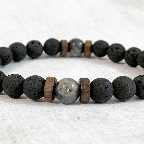 Bracelet naturel en pierre de lave noire et perles Labradorite pour hommes, huile essentielles, cadeau d'anniversaire, cadeau Noël homme