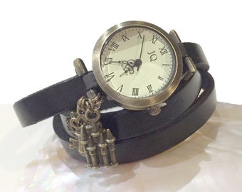 Medieval style watch with black or brown leather strap for Women with personalized engraving