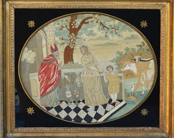 Georgian Embroidery, Silk Work with Eglomise Mat and Original Frame
