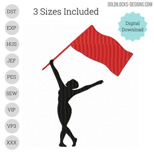 以下が含まれることがあります： 赤い旗を持った人のシルエットで、画像の上に「3サイズが含まれています」というテキストがあります。