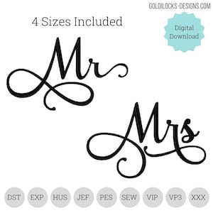 Mr and Mrs words 4 sizes included  Sized for towels, robes, pillowcases and wedding decor  Embroidery Machine DIGITAL FILE
