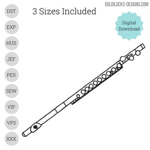 以下が含まれることがあります： フルートの線画、楽器。テキスト「3 Sizes Included」と「Digital Download」が含まれています。フルートは白い背景に黒い線で描かれています。