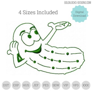 May include: Green embroidered design of a smiling pickle with a happy face and a single arm raised in the air. The design is available in four sizes and comes in the following formats: DST, EXP, HUS, JEF, PES, SEW, VIP, VP3, and XXX.