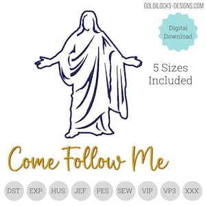 Könnte beinhalten: Ein digitales Stickmuster mit einer Linienzeichnung von Jesus Christus und den Worten "Come Follow Me" in goldenen Buchstaben. Das Design ist in fünf Größen und in folgenden Formaten erhältlich: DST, EXP, HUS, JEF, PES, SEW, VIP, VP3 und XXX.