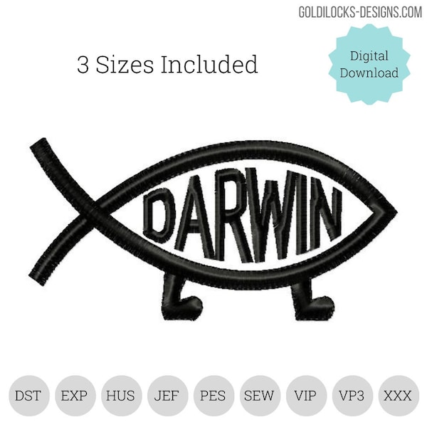 Darwin fish evolution embroidery design 3 sizes included  Polo logo sized Embroidery Machine DIGITAL FILE