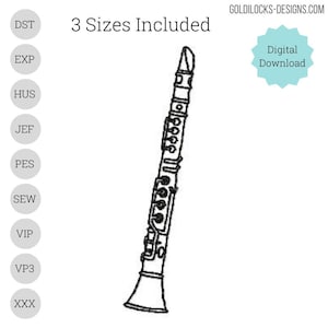 Può includere: Un disegno in bianco e nero di un clarinetto. L'immagine include il testo "3 Sizes Included".