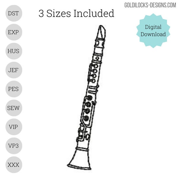 Clarinet outline embroidery design 3 sizes included!  3", 4" 5" Polo sized Embroidery Machine DIGITAL FILE