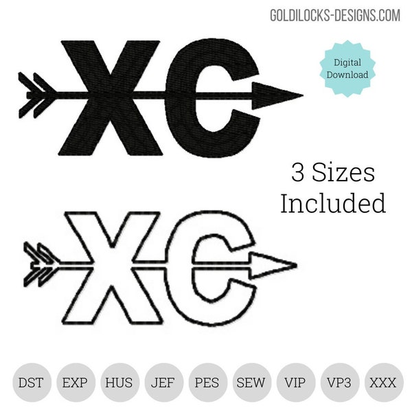 Cross country XC logo embroidery design in fill and outline in 3 sizes.  Polo logo size Embroidery Machine DIGITAL FILE