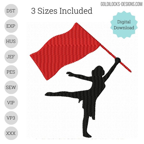 Color Guard Flag twirler dancing #2 silhouette embroidery design 3 sizes  3", 4", 5"  Embroidery Machine DIGITAL FILE