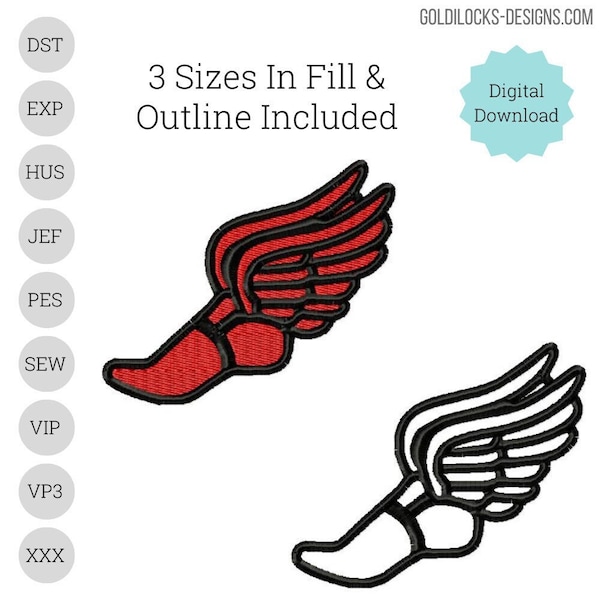 Winged shoe track and field embroidery design in 3 sizes in both fill and satin  Runners foot logo Embroidery Machine DIGITAL FILE