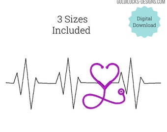 Stethoscope EKG embroidery design in fill and outline in 3 sizes.  Nurse Doctor embroidery machine DIGITAL FILE
