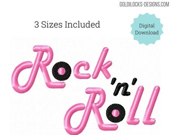 May include: Pink embroidery design of the words "Rock 'n' Roll" with a black vinyl record graphic in each word. The design is available in three sizes.  The text "3 Sizes Included" and "Digital Download" are also included in the image.