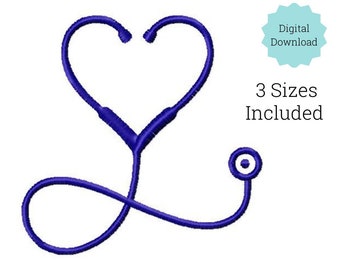 Stethoscope Heart embroidery design in fill and outline in 3 sizes.  Nurse Doctor embroidery machine DIGITAL FILE