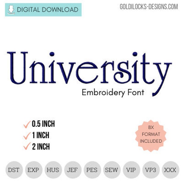 University Machine Embroidery Font Embroidery Font in 3 sizes  BX format included!  DIGITAL FILE