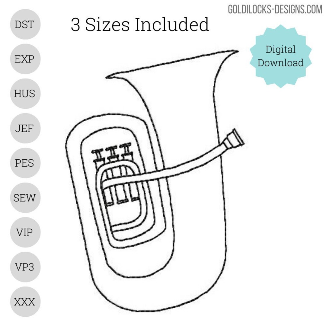 Baritone Euphonium Outline Embroidery Design 3 Sizes Included 2, 3, 4
