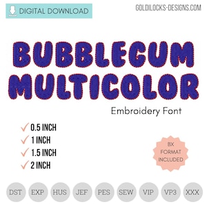 Pode incluir: Um download digital com o texto "BUBBLEGUM MULTICOLOR" em uma fonte azul costurada com borda vermelha. A imagem inclui opções de tamanho de 1,27, 2,54, 3,81 e 5,08 cm e vários formatos de arquivo de bordado.