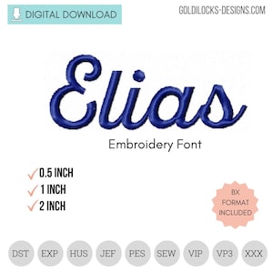 以下が含まれることがあります： デジタルダウンロード刺繍フォント。名前「Elias」は濃い青色の筆記体です。デザインには、1.27 cm、2.54 cm、5.08 cmのサイズオプションが含まれています。画像には、BX形式とさまざまなファイルタイプが含まれていることも示されています。