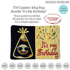 It’s My Birthday ITH Mug Rug – In The Hoop Embroidery Design Bundle – Appliqué Hat + 3 Quilting Options – Instant Download