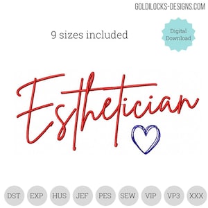 以下が含まれることがあります： 青いハートのグラフィックが付いた、赤いスクリプトの単語「Esthetician」。 「9つのサイズが含まれています」というテキストが単語の上にあります。 デジタルダウンロードアイコンは右上隅にあります。 ウェブサイトのアドレスは右上にあります。