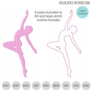 May include: Two pink ballerina embroidery designs. One is filled, the other is an outline. The text reads "3 sizes included in fill and bean stitch outline formats" and "Digital Download". Below are embroidery file formats.