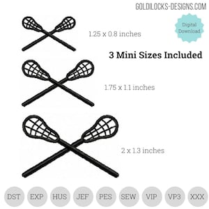 Lacrosse crossed sticks logo embroidery design in 3 mini sizes.  Embroidery Machine DIGITAL FILE