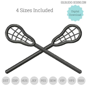 May include: Two black lacrosse sticks crossed over each other. The sticks have a black net and a gray handle. The image includes the text "4 Sizes Included" and "Digital Download".
