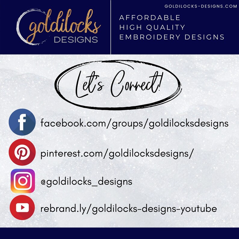 Puede incluir: Un fondo blanco con una textura brillante. El texto "Let's Connect!" est&aacute; escrito en cursiva negra dentro de un &oacute;valo negro. Debajo del &oacute;valo, hay iconos de redes sociales con enlaces a las p&aacute;ginas de redes sociales de la empresa. El texto "goldilocks DESIGNS" est&aacute; en un c&iacute;rculo blanco con un contorno negro sobre un fondo azul oscuro. El texto "AFFORDABLE HIGH QUALITY EMBROIDERY DESIGNS" est&aacute; en texto blanco sobre un fondo azul oscuro. El texto "GOLDILOCKS-DESIGNS.COM" est&aacute; en texto blanco sobre un fondo azul oscuro.