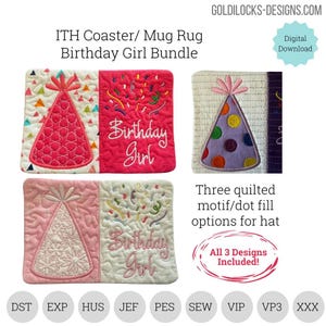 Birthday Girl ITH Mug Rug – In The Hoop Embroidery Design Bundle – Appliqué Hat with 3 Quilting Options – Instant Download