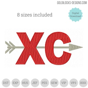 May include: Red "XC" with an arrow pointing to the right.  The letters are in a bold, blocky font.  The arrow is gray.  The text "DST EXP HUS JEF PES SEW VIP VP3 XXX" is at the bottom of the image.
