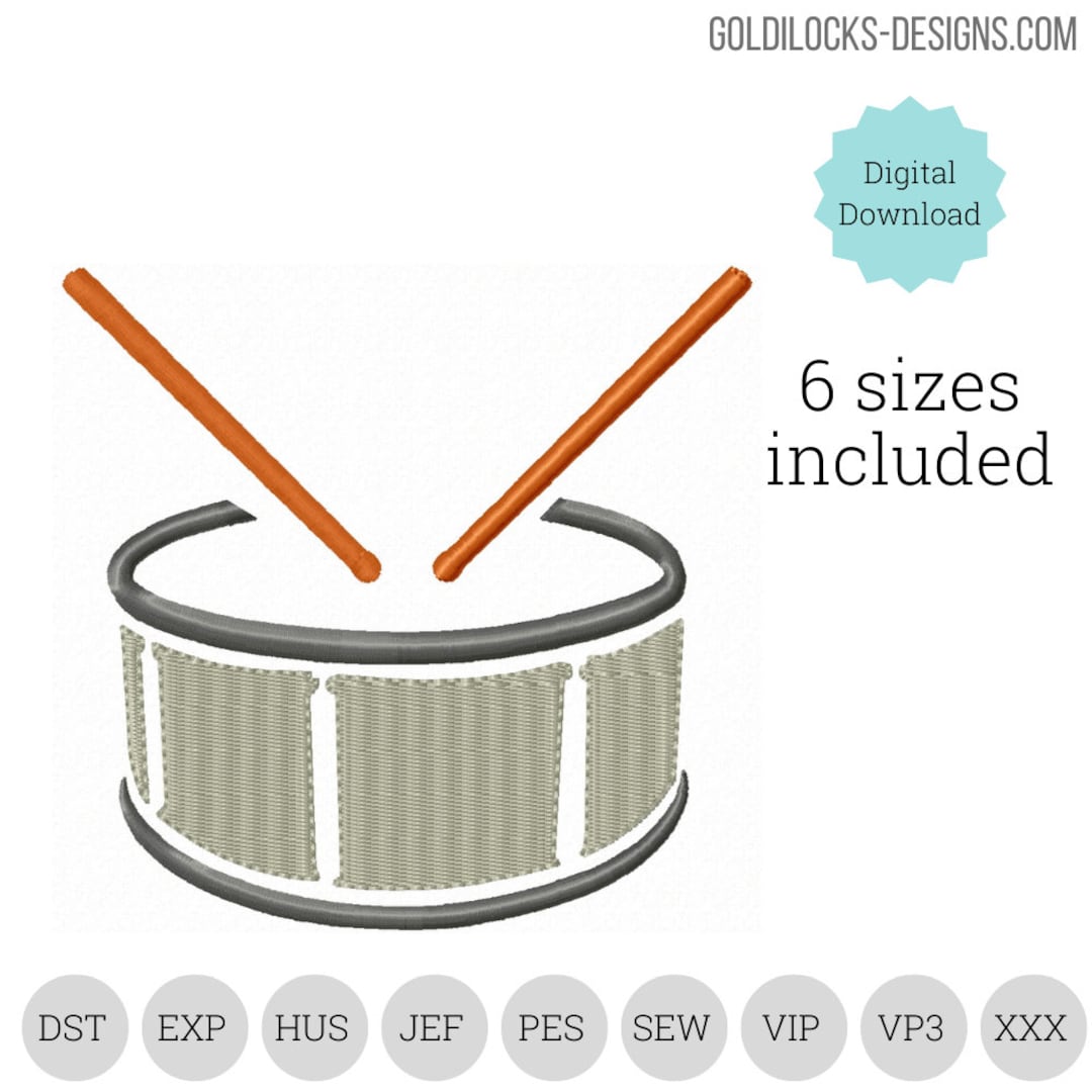 Snare Drum Embroidery Design 6 Sizes Included 2, 3, 4, 5, 6 Polo Sized