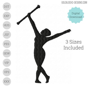 May include: Black silhouette of a person holding a baton, in a dance pose.  The image is for embroidery and includes three sizes.