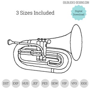 May include: A black and white line drawing of a euphonium, a brass instrument with a bell-shaped mouthpiece. The image includes the text "3 Sizes Included" and "Digital Download".