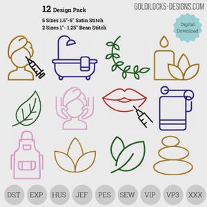 May include: A digital download design pack with 12 spa-themed embroidery designs. The designs include a bathtub, leaves, lips, and a candle. The pack includes 5 sizes from 1.5" to 5" satin stitch and 2 sizes from 1" to 1.25" bean stitch.