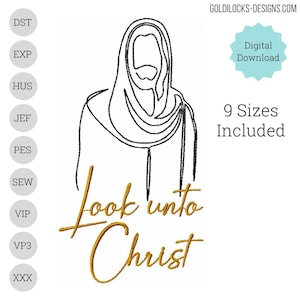 May include: A black and white line drawing of Jesus with the text "Look unto Christ" in gold embroidery.