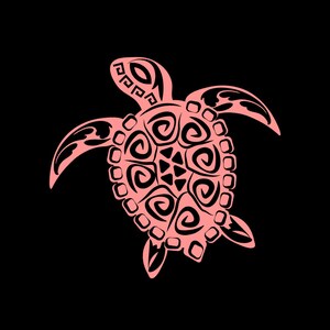 May include: A pink stylized illustration of a sea turtle with a patterned shell. The turtle is facing right and has a detailed design.