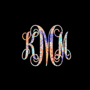 May include: A colorful monogram with the letters "KCM" in a decorative script font. The letters are filled with a vibrant, abstract pattern of orange, pink, blue, and green.