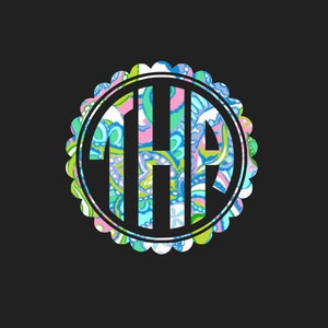 May include: A monogram with the letters "THP" in a black circle with a scalloped border. The letters are white and the background is a colorful paisley pattern.