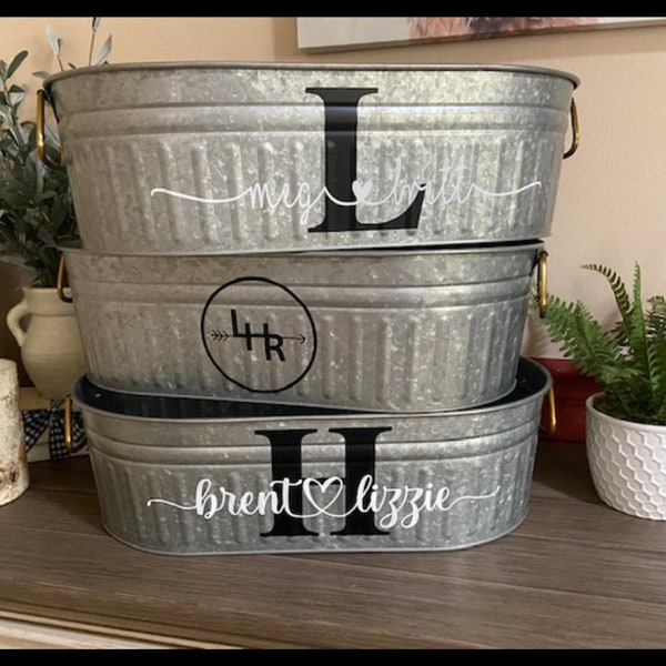 Galvanized, Personalized Oval Beverage Bucket Tub with Handles, Galvanized Steel, Rustic Farmhouse Decor, Wedding or Anniversary Gift